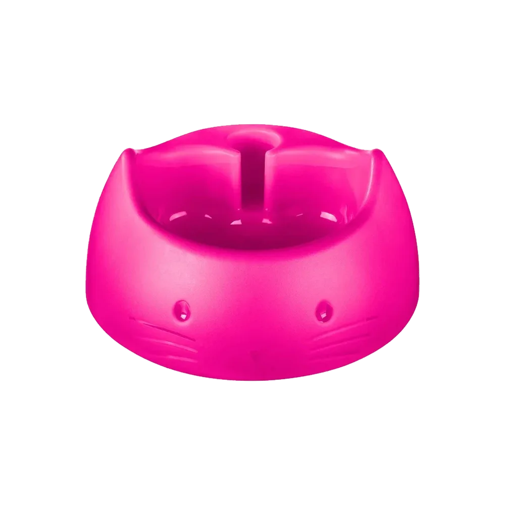 Bebedero Automático para gatos de San Remo en color rosado. Tiene la cara de un gatito en la parte frontal y un orificio para poner una botella de agua.