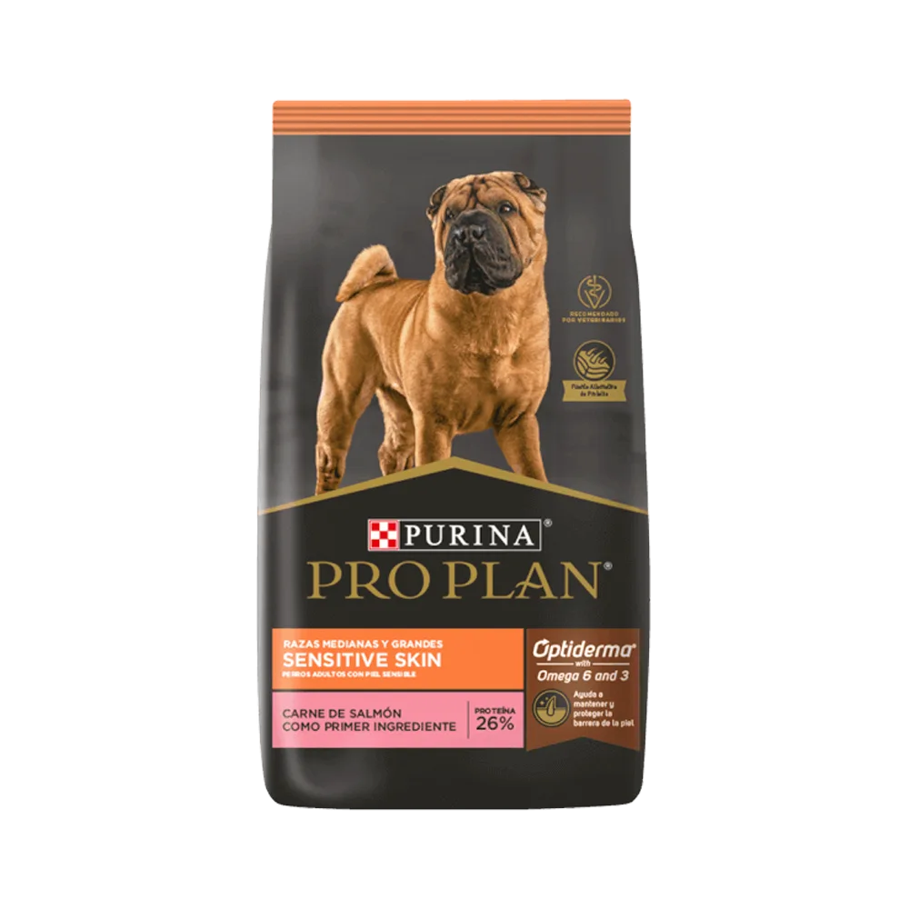 Bolsa negra con detalles naranjas de Purina Pro Plan Perro Piel Sensible Raza Mediana y Grande