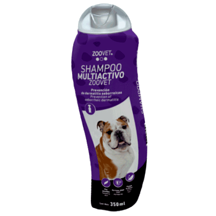Botella morada con detalles blancos de Zoovet Shampoo Multiactivo para perros con problemas de piel