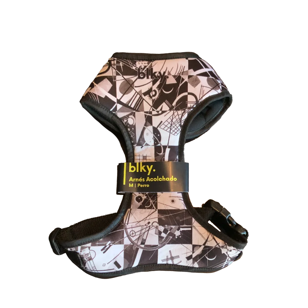 Pechera Arnés Blky Talla M para perros medianos con estampado "Vasili". El estampado es de color blanco y negro inspirado en el artista Vasili Kandinski