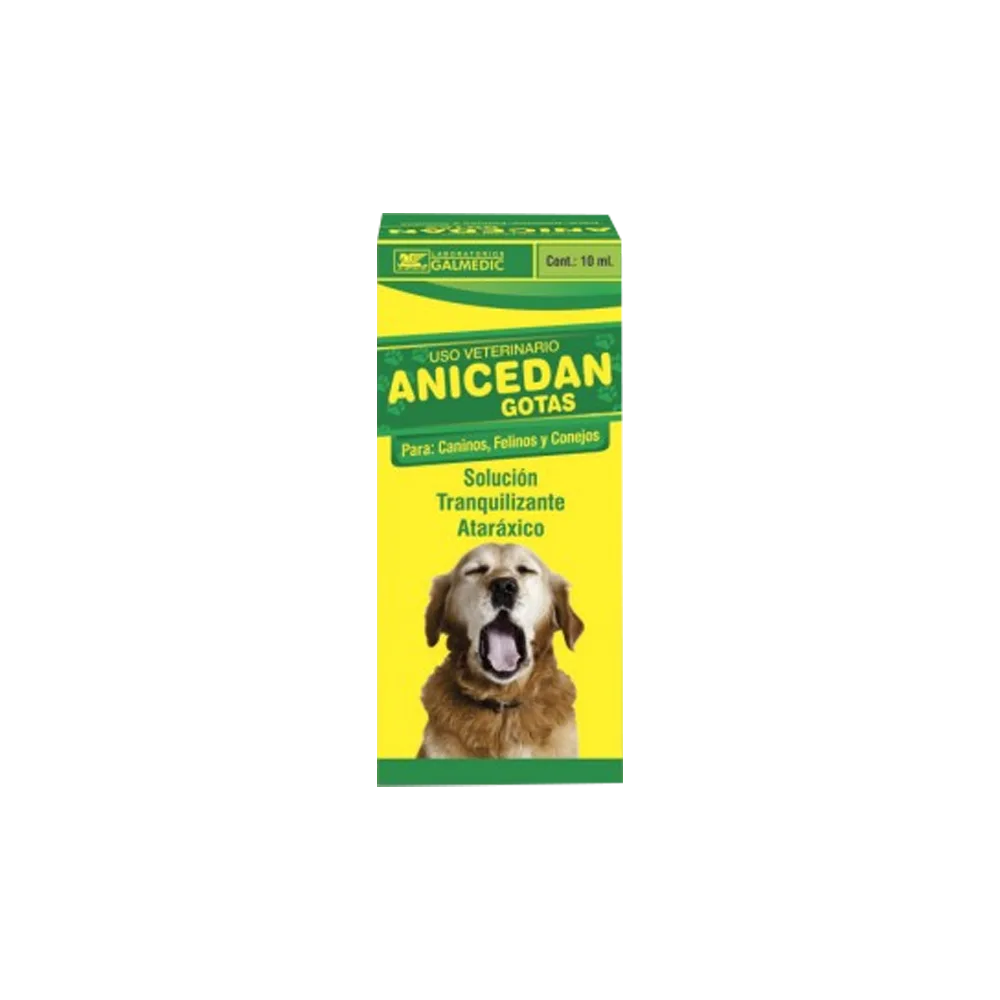Caja amarilla con detalles verdes y un perro labrador en la portada bostezando del producto Anicedan Gotas. Es un sedante para perros, gatos y conejos, su uso debe ser estrictamente recomendado por un veterinario.
