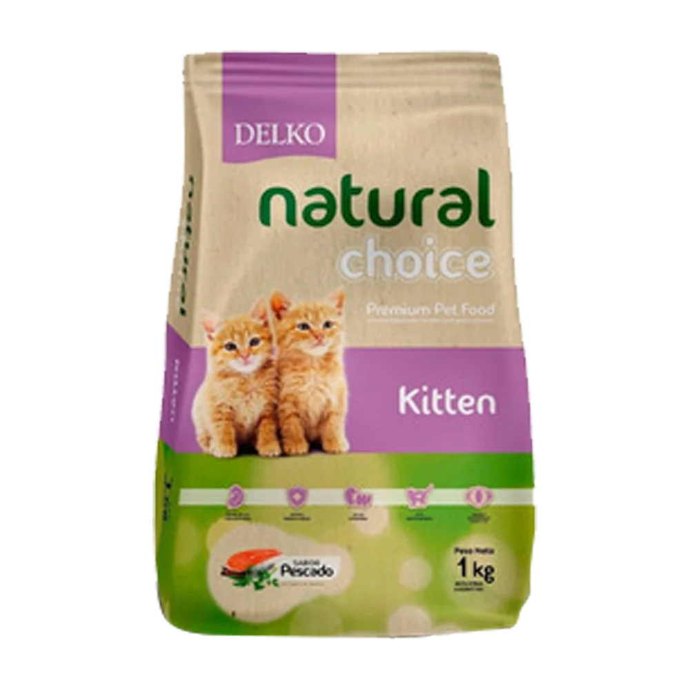 Bolsa marrón con detalles morados y verdes de Natural Choice Kitten, un alimento para gatitos cachorros hasta los 12 meses