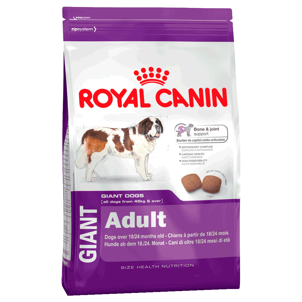 Bolsa blanca y violeta de alimento Royal Canin Giant Adult para perros adultos de razas gigantes