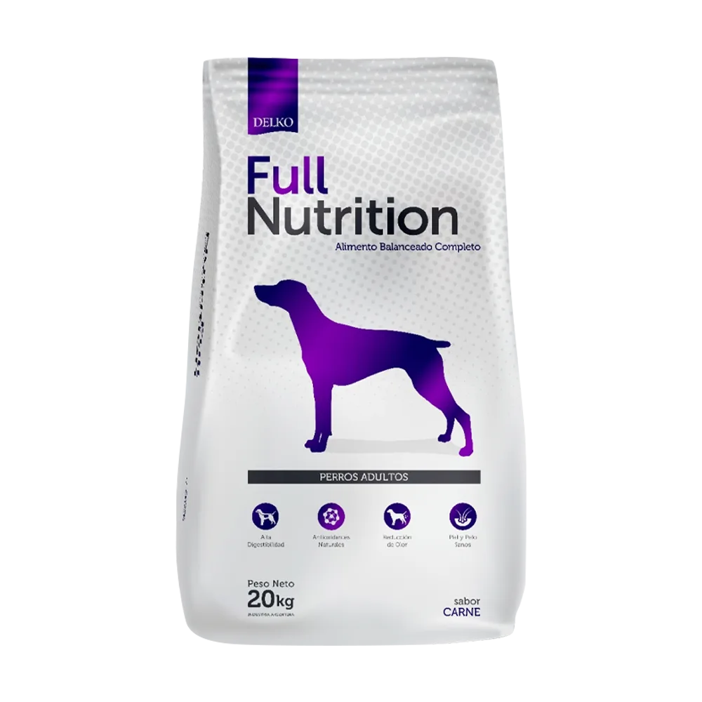 Bolsa blanca con detalles morados de alimento seco para perros adultos Full Nutrition Perro Adulto