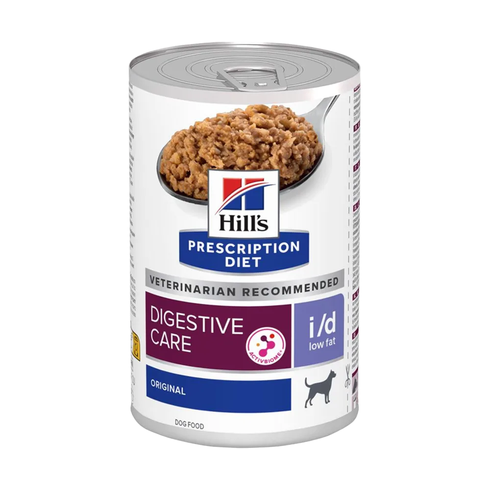 Lata blanca con detalles marrones y azules del alimento húmedo de Hill's Prescription Diet Digestive Care Bajo en Grasas en su presentación de 354 g