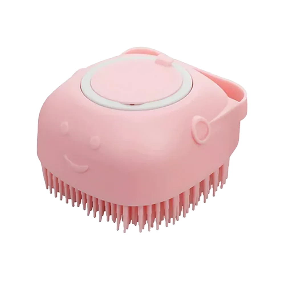 Cepillo Para Baño de mascotas, es rosado hecho de silicona y tiene una forma cuadrada