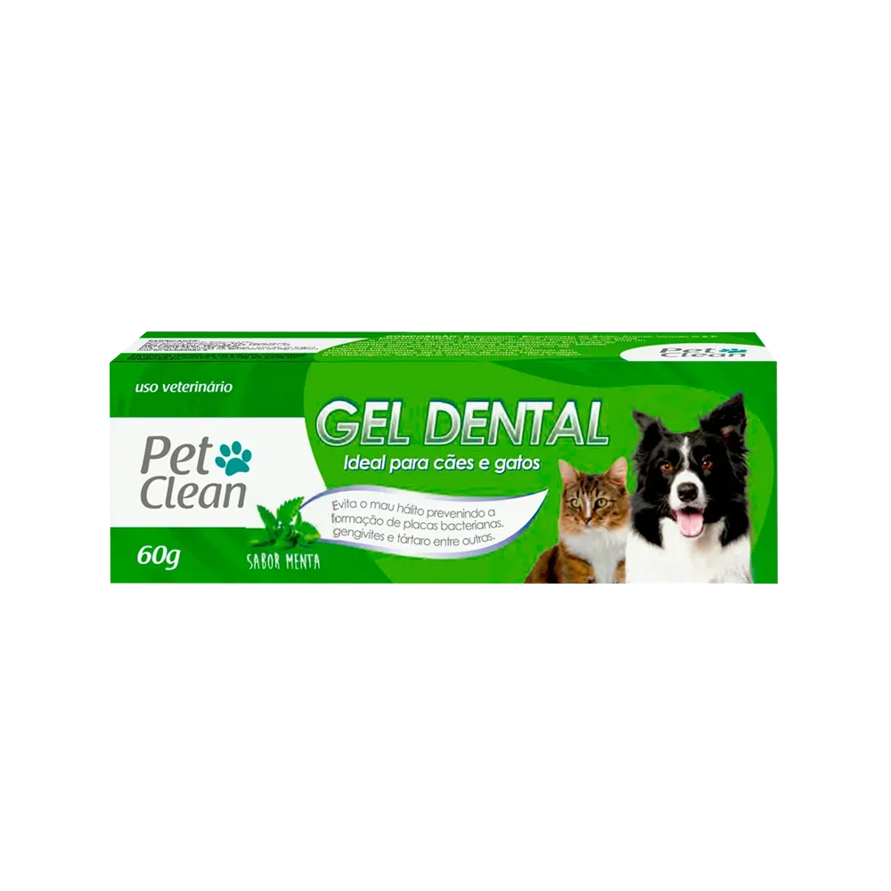 Empaque verde con detalles blancos de Gel Dental Pet Clean sabor menta. Tiene un gato y un perro en la portada.