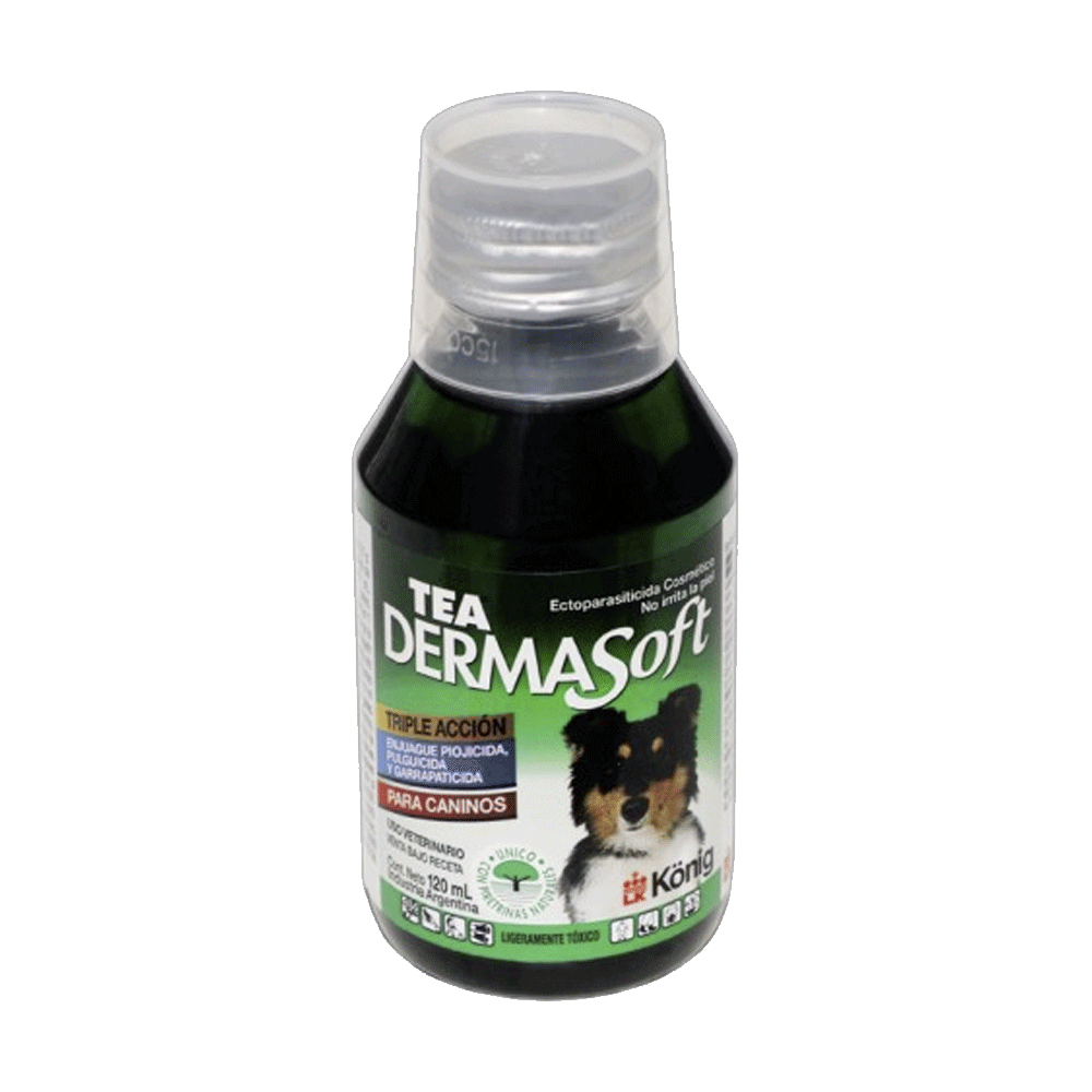 Frasco verde con detalles blancos de Tea Dermasoft enjuague para perros