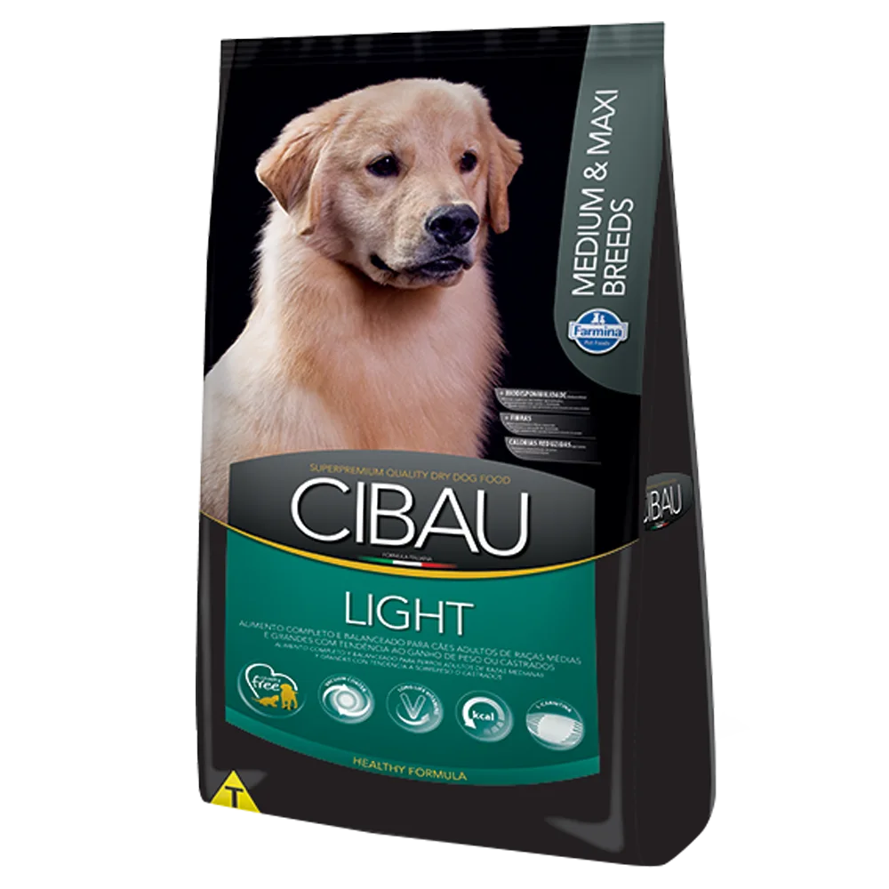 Bolsa negra con detalles verdes y un labrador en la portada de alimento bajo en calorías Cibau Light para perros medianos y grandes