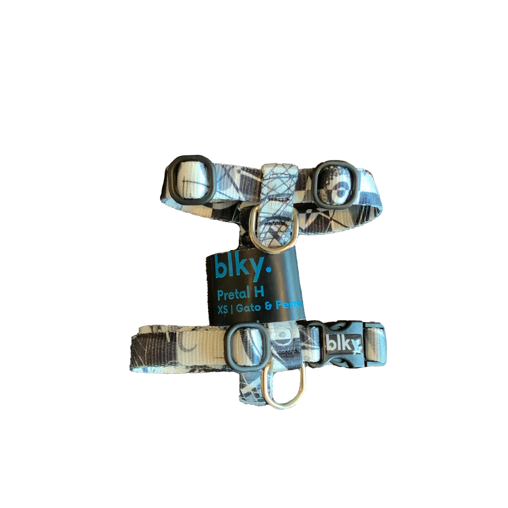 Pretal para paseo de gatos y perros mini Blky Talla XS. El estampado es vistoso y utiliza patrones del estilo geométrico en colores blanco y negro