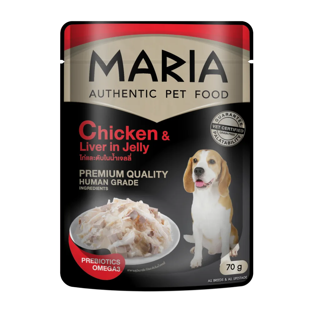 Sobre negro con detalles rojos y un perro beagle color blanco con manchas marrones en la portada, es el alimento húmedo para perros MARIA Dog Pollo e Hígado en gelatina