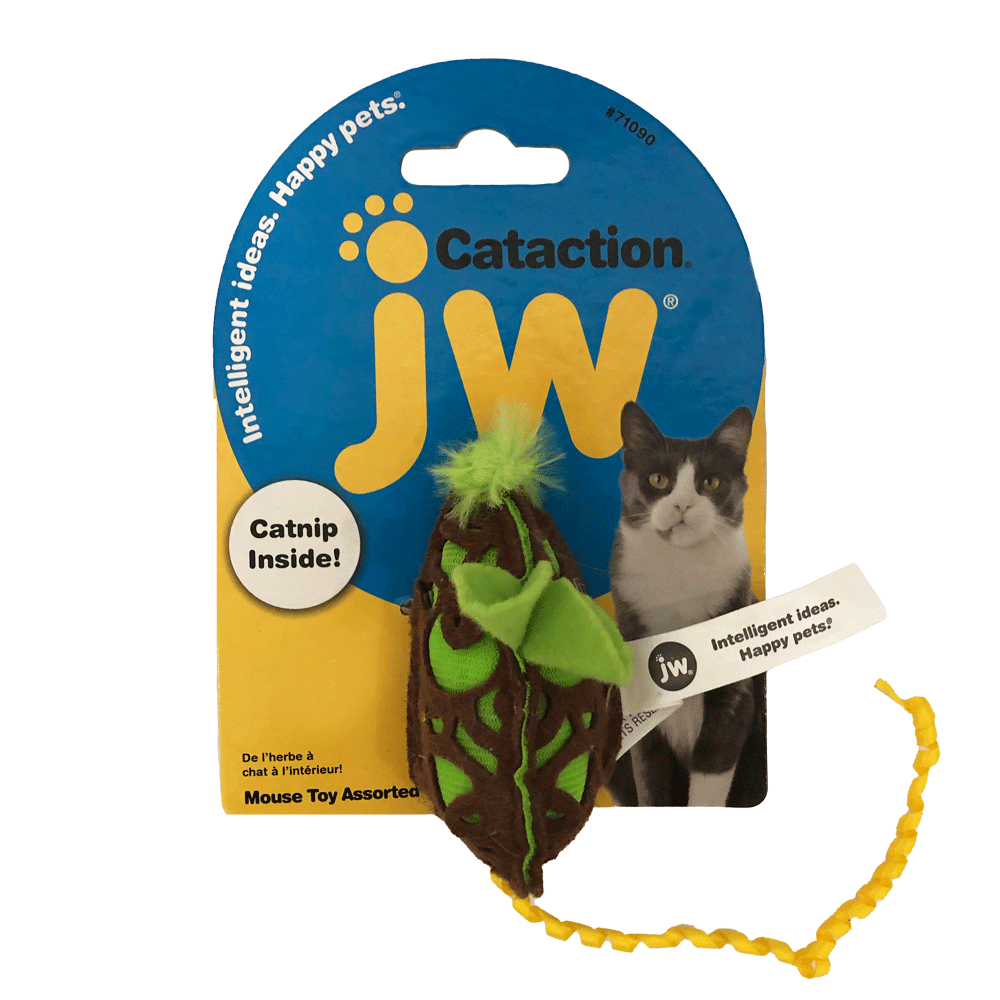 Empaque amarillo con azul de Raton con Catip JW para gatos color verde con marrón