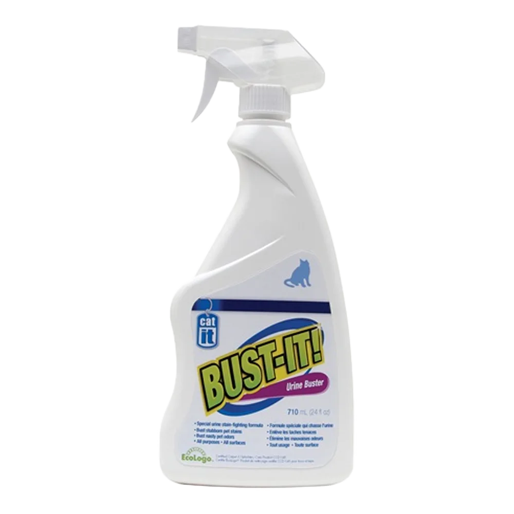 Atomizador blanco de Bust-it Quita Manchas Catit, un producto de limpieza de manchas orgánicas ocasionadas por heces, vómito entre otros. Su color es blanco y tiene una etiqueta con colores celestes