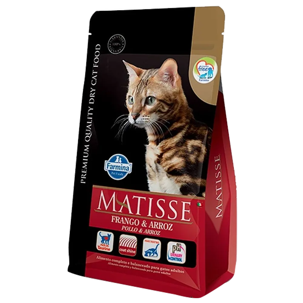Bolsa color negro con rojo y un gato anaranjado en la portada de alimento para gatos Matisse Pollo y Arroz