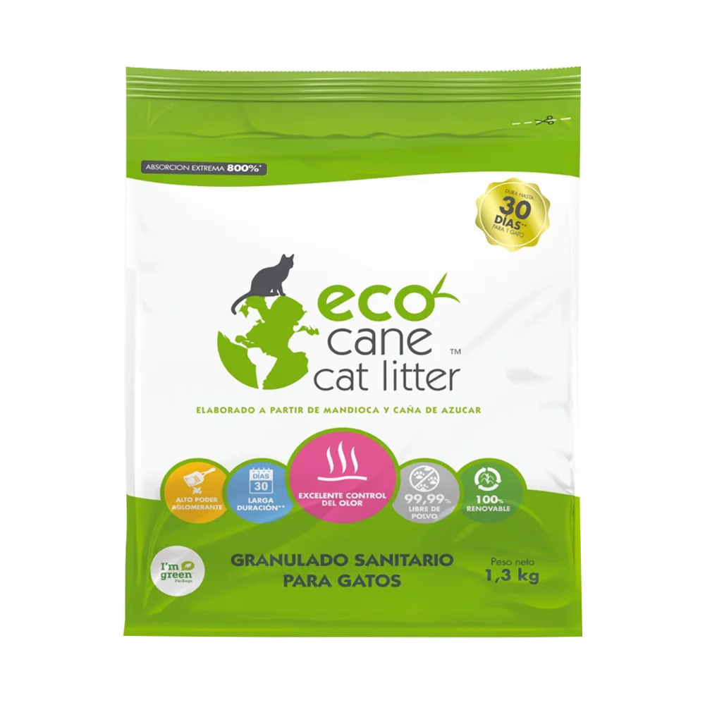 Imagen de empaque de Arena Sanitaria Eco Cane Litter para el uso sanitario de gatos, tiene detalles verdes con blanco y es la presentación de 1,3 kg 