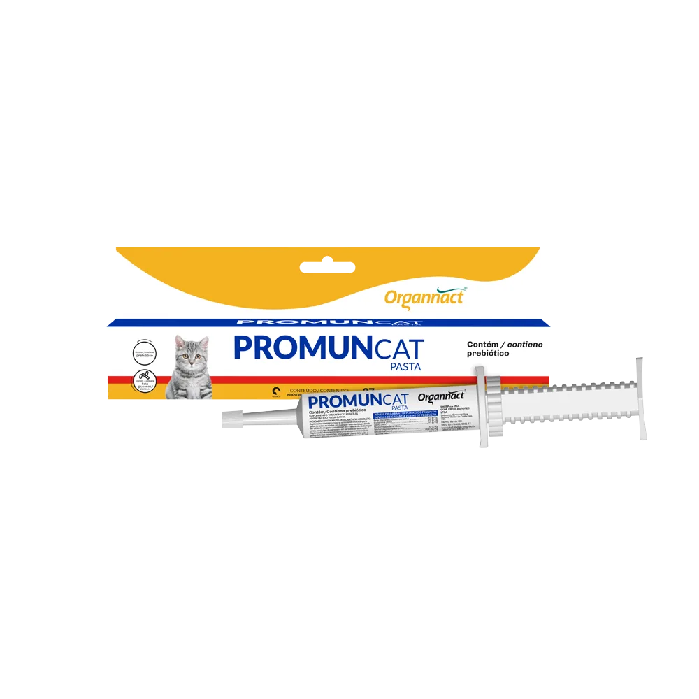 Imagen de jeringa dosificadora plástica color blanca a lado de su empaque original de cartón color blanco con detalles amarillos, rojos y azules. Es la pasta con prebióticos para gatos de Promun Cat. 