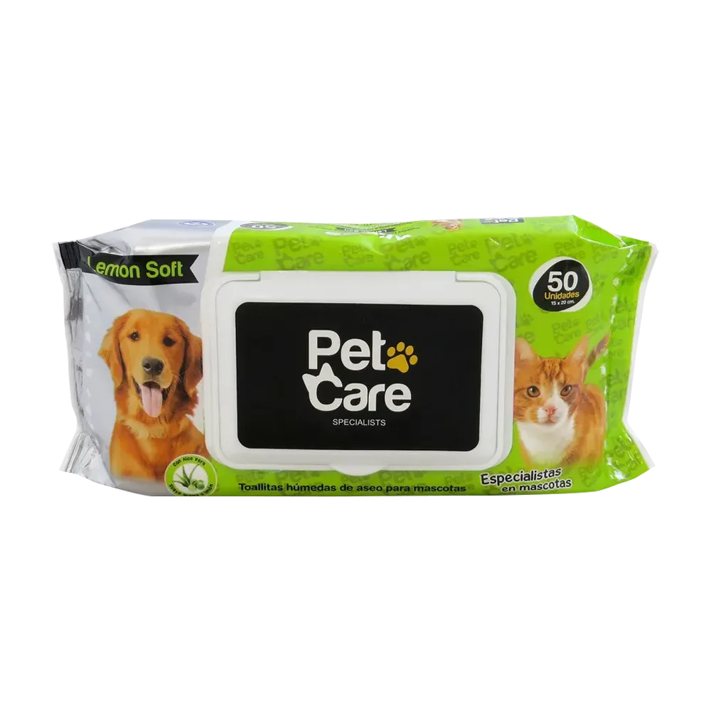 Empaque color verde de toallitas húmedas Pet Care para perros y gatos en aroma limón