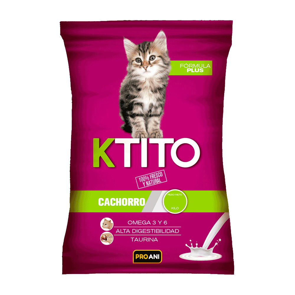 Bolsa color bordó con detalles verdes de alimento Ktito Leche Verdura y Carne para gatos cachorros