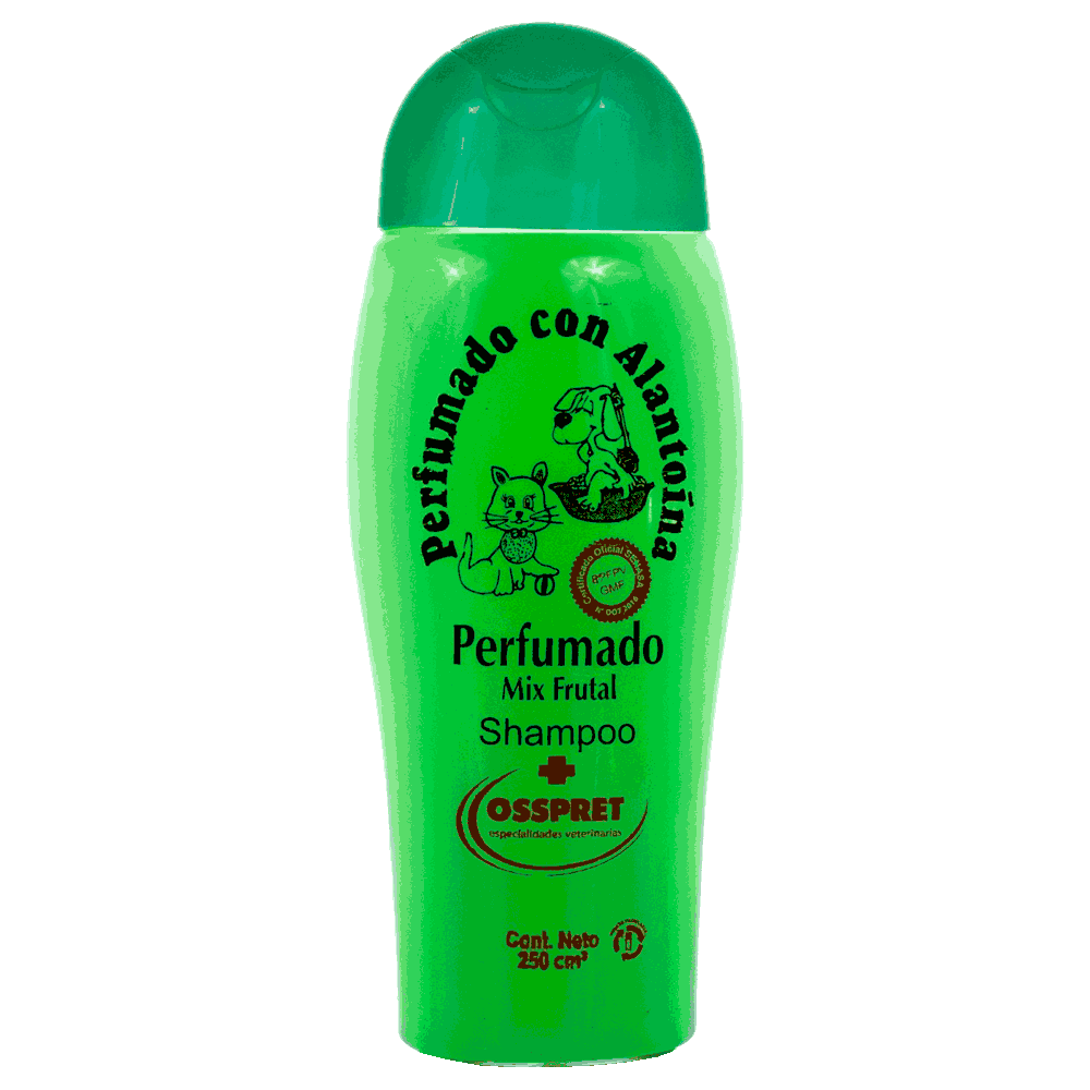 Frasco verde de 250cc de Osspret Shampoo Perfume Mix Frutal con alantoina.
