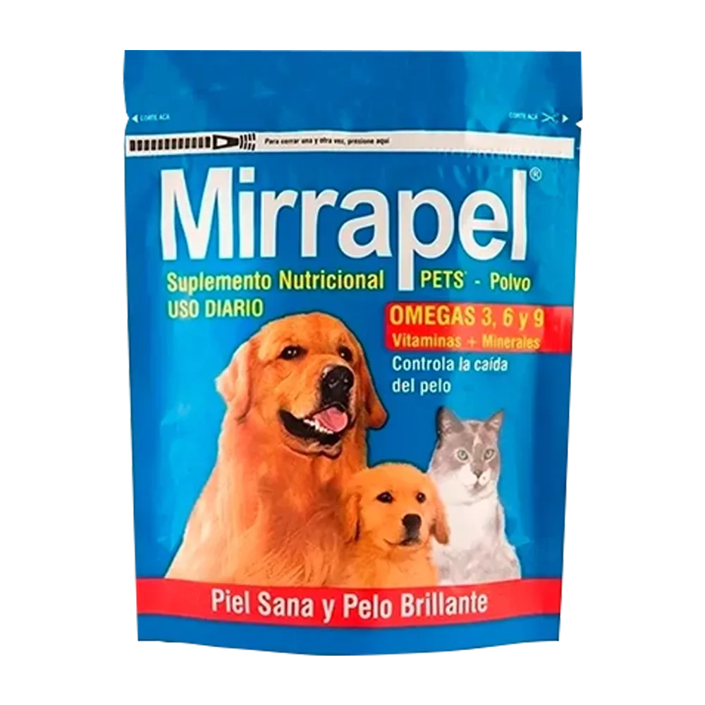 Empaque azul zipploc de Mirrapel Pets Polvo, tiene un perro golden retriever en la portada y un gato blanco. Es un suplemento en polvo para la salud de la piel, en su presentación de 300 g