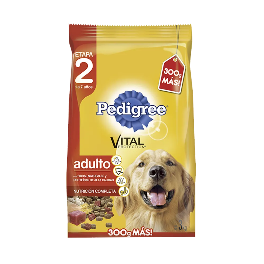 Bolsa de alimento Pedigree para perros Adultos en su presentación de 3kg. Es de color amarillo con detalles rojos y tiene una imagen de un labrador