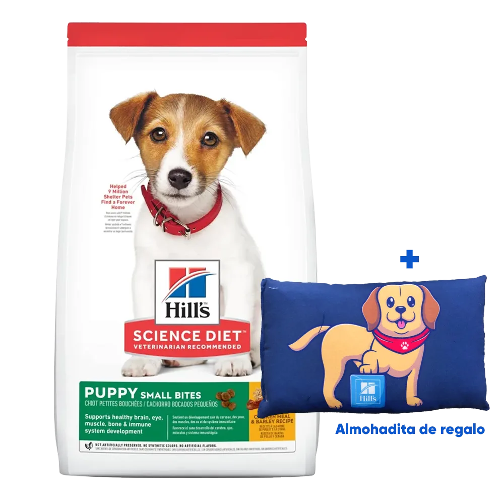 Bolsa blanca de alimento Hill's Science Diet Puppy Small Bites, es un alimento para cachorros que tiene croquetas pequeñas para perros que prefieren este tipo de bocados, la bolsa tiene una franja roja en la parte superior y detalles en color verde brillante y un perro cachorro de raza fox terrier