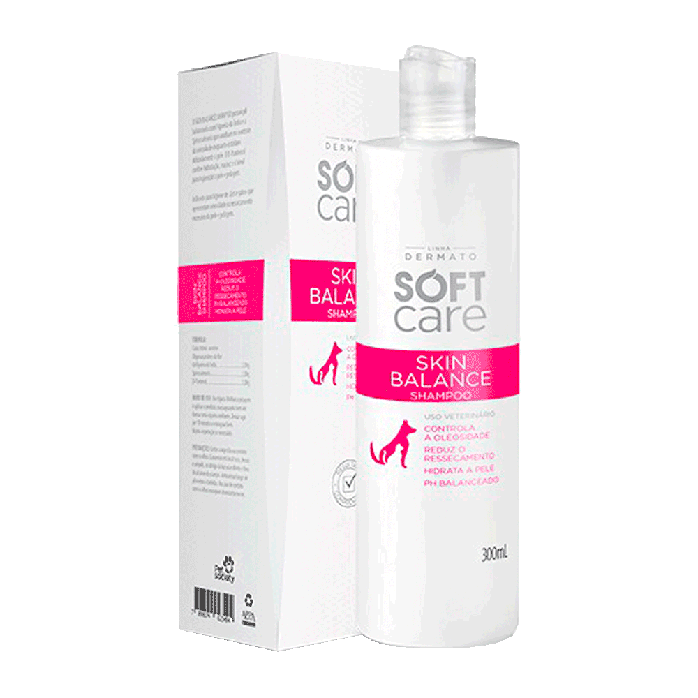 Botella blanca de shampoo para perros y gatos con detalles rosados de Soft Care Skin Balance Shampoo