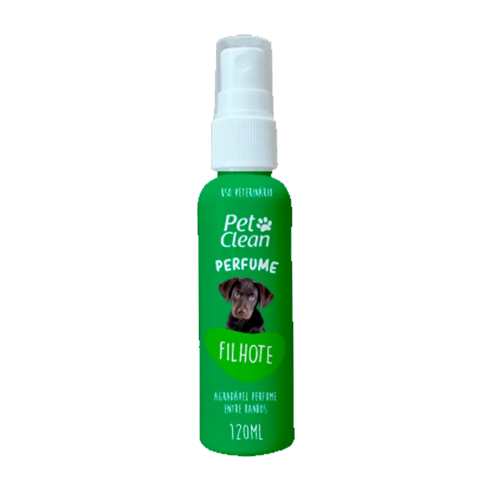 Spray de botella color verde con detalles blancos de Perfume Pet Clean aroma para cachorros