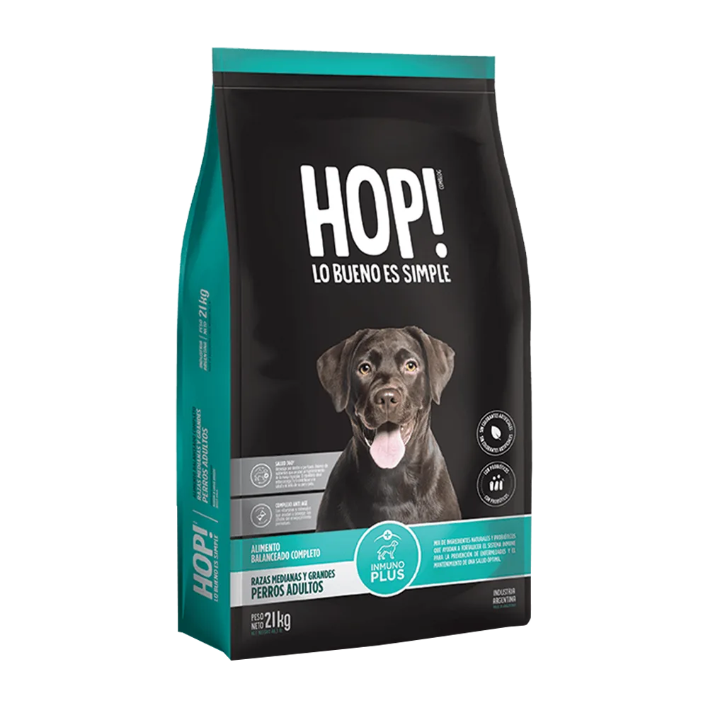 Bolsa negra con detalles calipso y un labrador negro en la portada del alimento HOP! para Perros Adultos de Raza Mediana y Grande