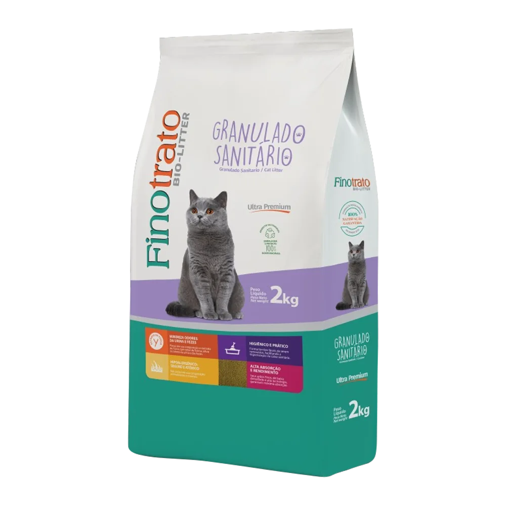 Imagen de bolsa de Arena Sanitaria Finotrato Bio-Litter en su presentación 2 kg. Bolsa blanca con detalles verdes y un gato gris en la parte frontal