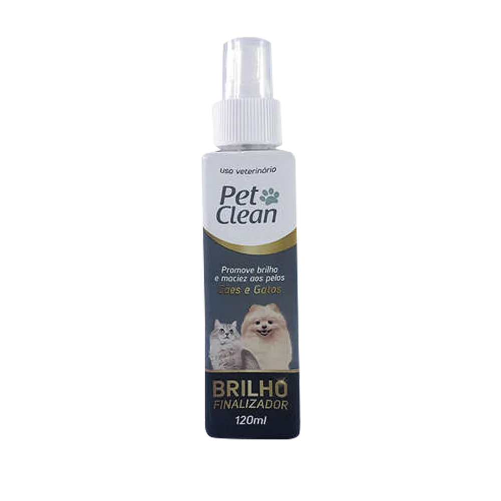 Imagen de loción Brillo Finalizador de Pet Clean, es un frasco color blanco con detalles negros, grises y dorados con un perro y un gato en la portada. Tiene un atomizador para poder rociar sobre el pelaje.
