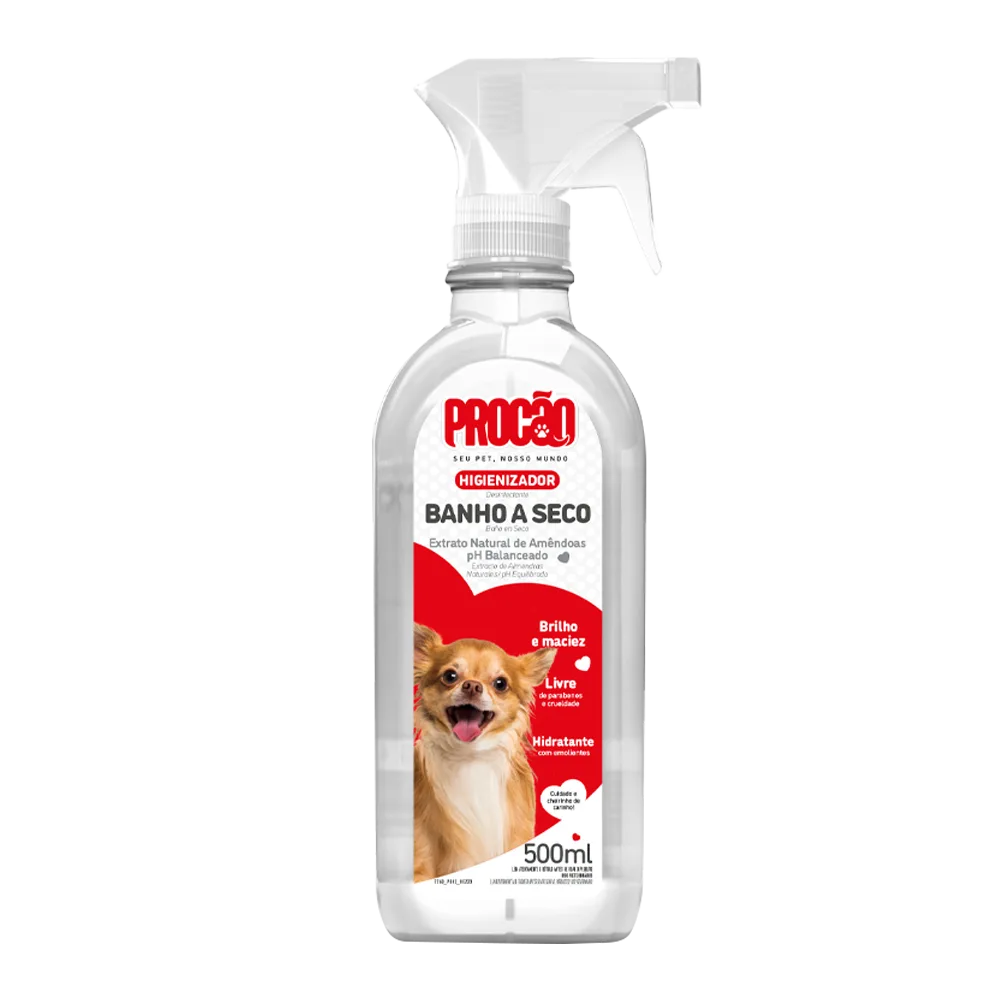 Frasco transparente con atomizador, tiene una etiqueta roja y un perro chihuahua en la portada, es el producto Baño Seco de la línea Procao para perros.