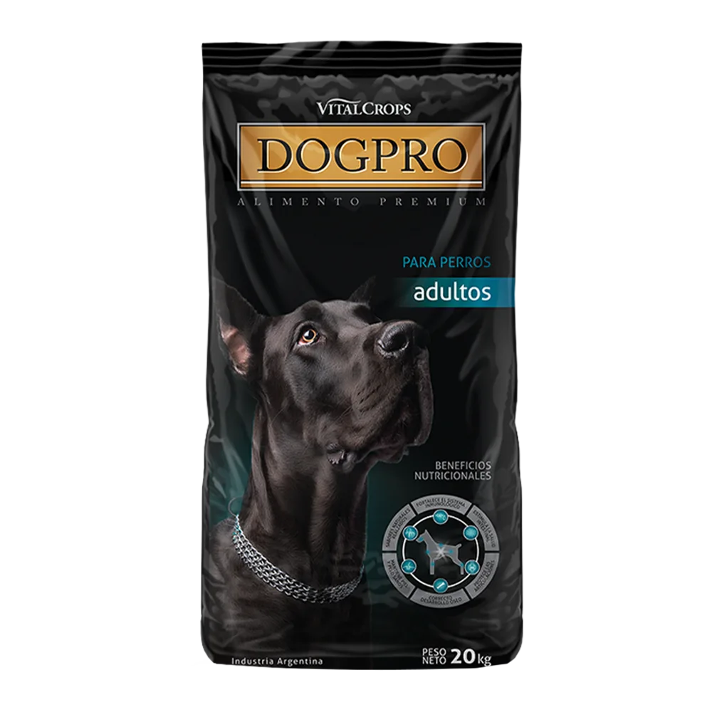 Bolsa negra de 20 kg de alimento DogPro para perros adultos de toda raza, tiene detalles dorados y calipso y un perro gran danés negro en el frente y acompañada de un frisbee de regalo
