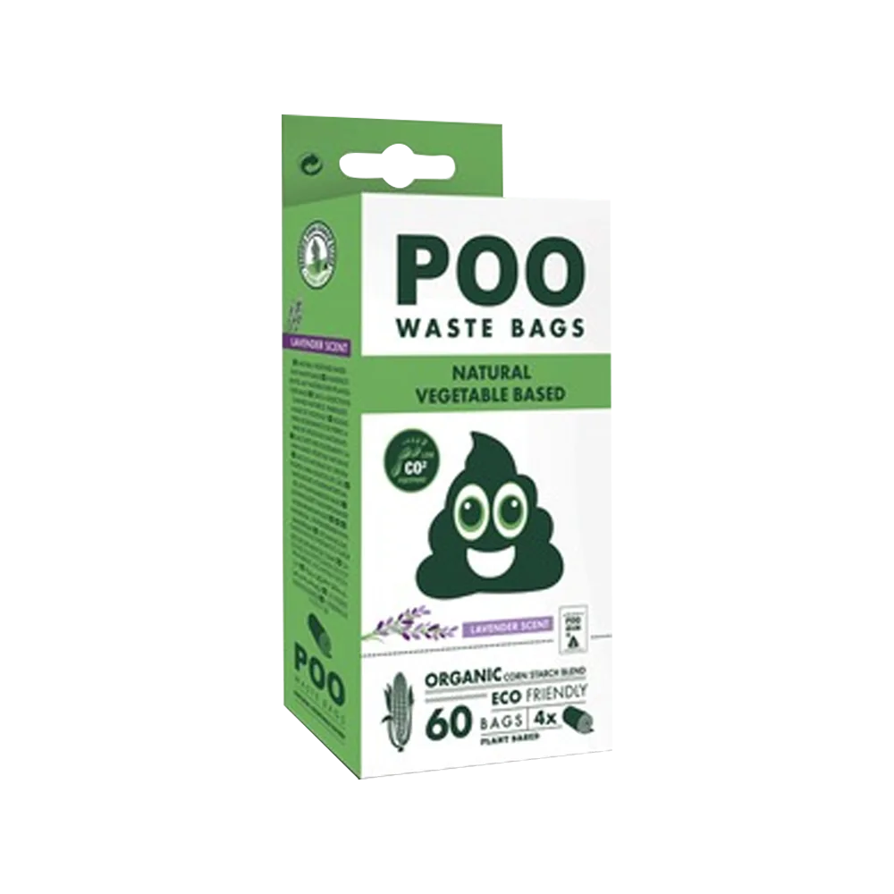 Caja blanca con detalles verdes de Bolsas de Residuos Aroma Lavanda M-Pets. Una caja con 4 rollos de bolsas para paseo