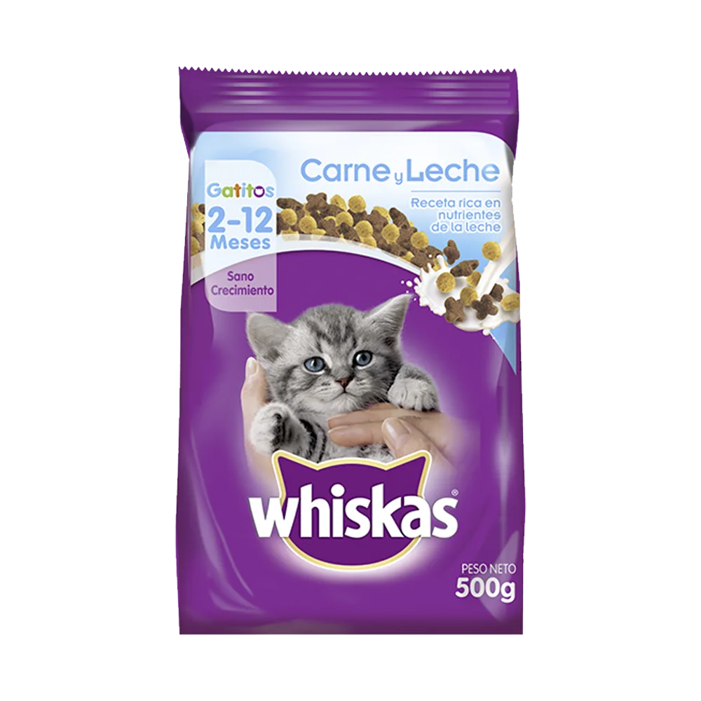 Bolsa de Whiskas Gatito sabor carne y leche en su presentación de 500 gramos. Es de color violeta con detalles celestes y la imagen de un gato