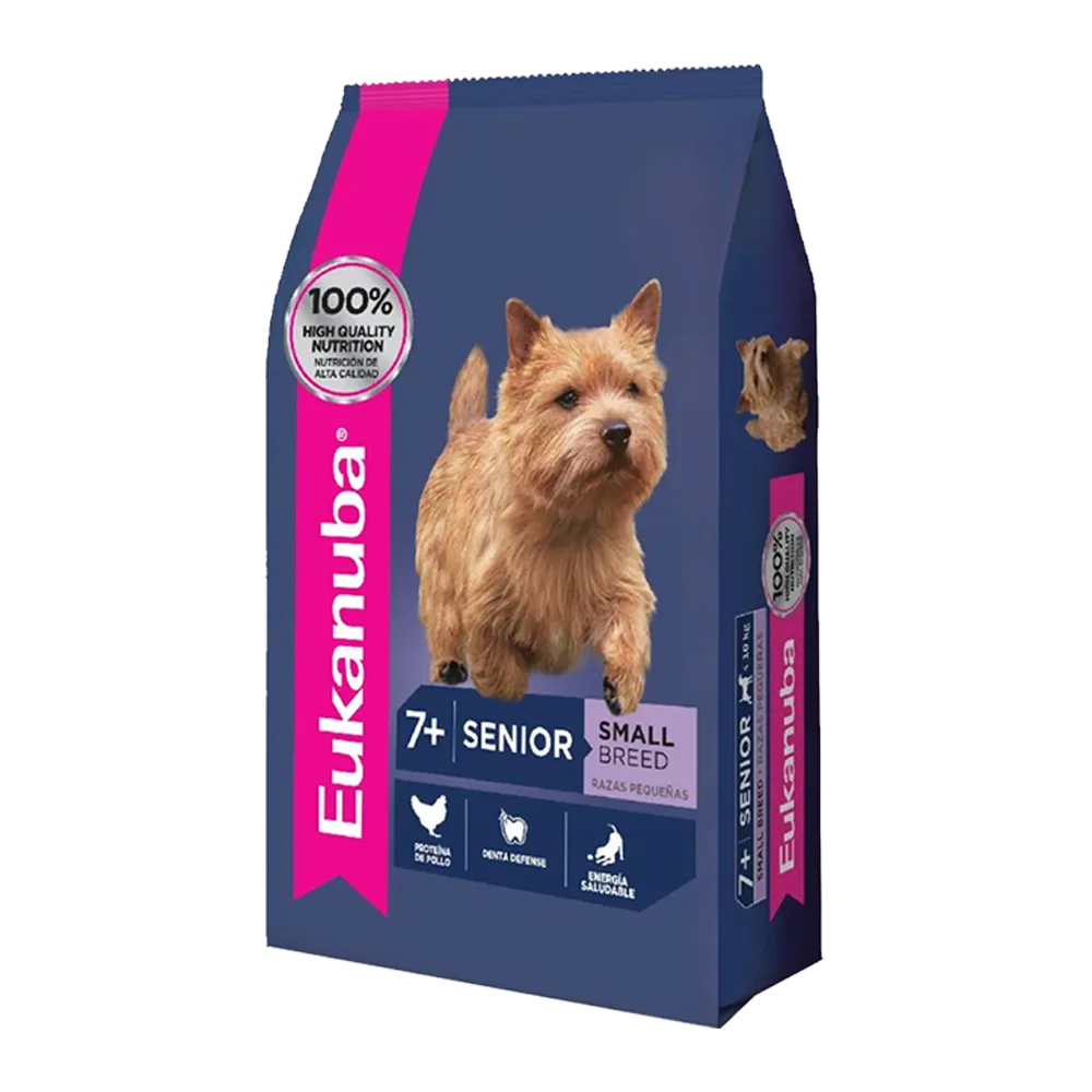 Bolsa de Eukanuba Senior Raza Pequeña en su presentación de 3kg. Es de color violeta oscuro con contrastes con violetas más claros. Tiene la imagen de un perro pequeño con pelaje rubio corriendo. Además de la frase "7+ años", "Senior" y "Small Breed"