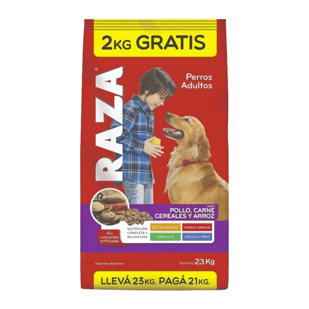 Bolsa roja con detalles morados y amarillos de alimento para perros Raza perro adulto pollo, carne, cereales y arroz