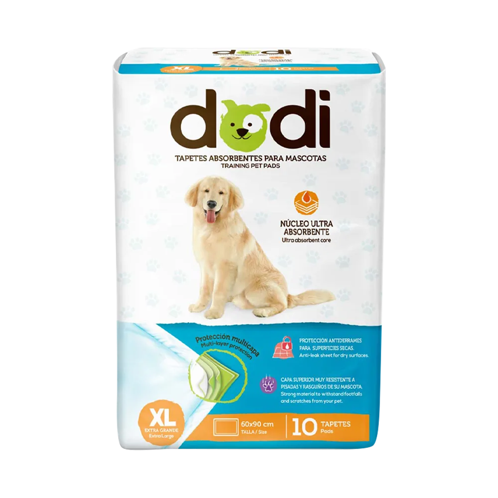 Imagen de paquete de Paños de Entrenamiento Dodi en la presentación XL. Es de color blanco con detalles celestes, tiene el logo de la marca en la parte superior y la imagen de un labrador mirando perfil