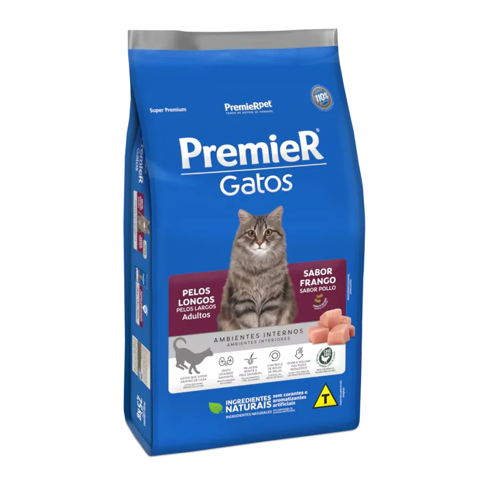 Bolsa azul con detalles blancos y guindos del alimento seco para gatos Premier Gato Adulto Pelo Largo sabor Pollo. Tiene un gato con pelo largo gris en la portada.