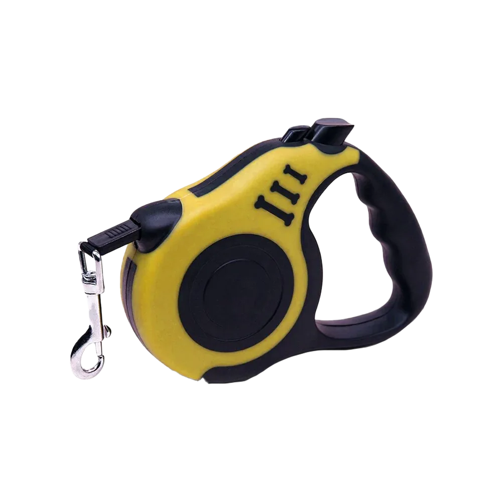 Correa Retractil para perros, es de color amarillo y tiene una manija color negro.
