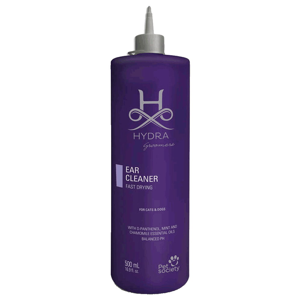 Botella violeta de limpiador de oídos para mascotas con detalles plateados de Hydra Groomers Ear Cleaner