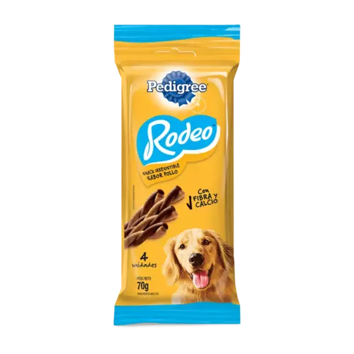 Paquete de golosinas para perros Pedigree Rodeo, sabor pollo, enriquecido con fibra y calcio, presentando cuatro tiras retorcidas y un perro sonriente.