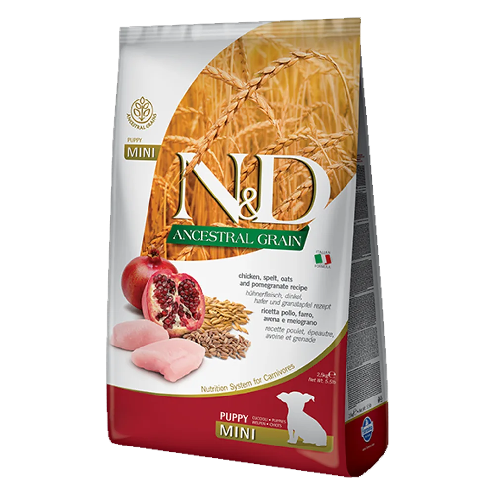 Bolsa blanca con detalles mostaza y guindos de alimento para cachorros N&D Ancestral Grain Pollo y Granada Cachorro Mini 