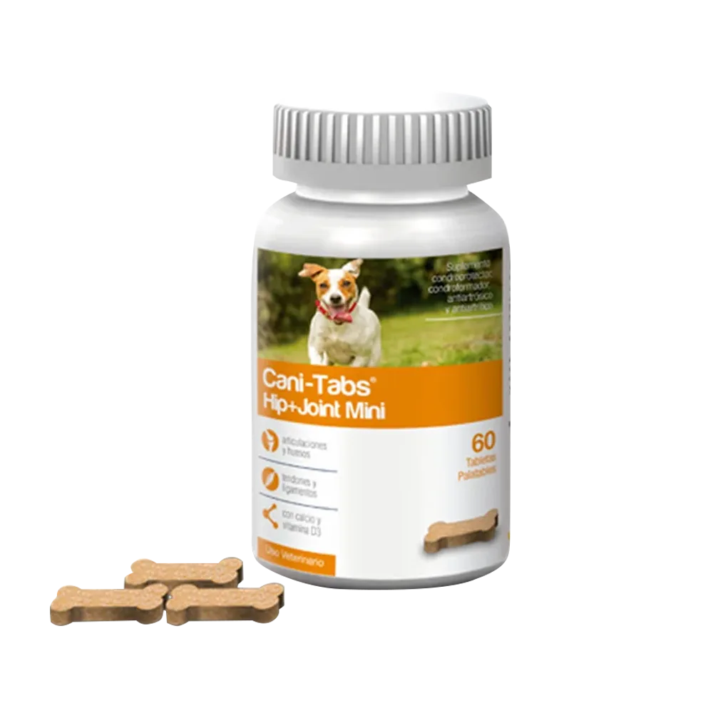 Frasco de Cani-Tabs Hip & Joint Mini suplemento nutricional para perros con problemas de articulaciones. Es de color blanco con detalles de color mostaza. Tiene la imagen de un perro pequeño corriendo de frente