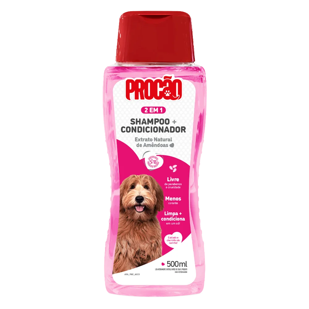 Envase de Shampoo Acondicionador Procao color fucsia con detalles blancos y la imagen de un perro Border Colie en la etiqueta, en su presentación de 500 mL