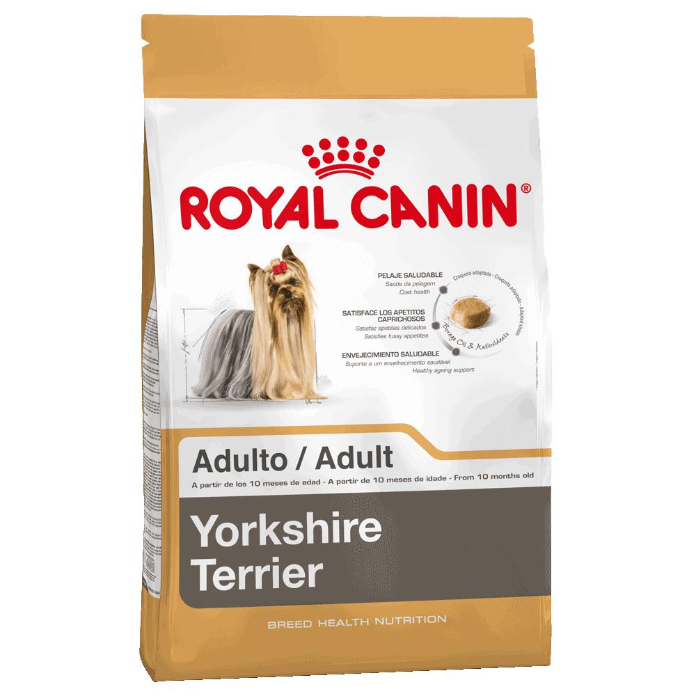 Bolsa blanca y dorada de alimento Royal Canin Yorkshire Terrier Adult para perros yorkshire terrier adultos