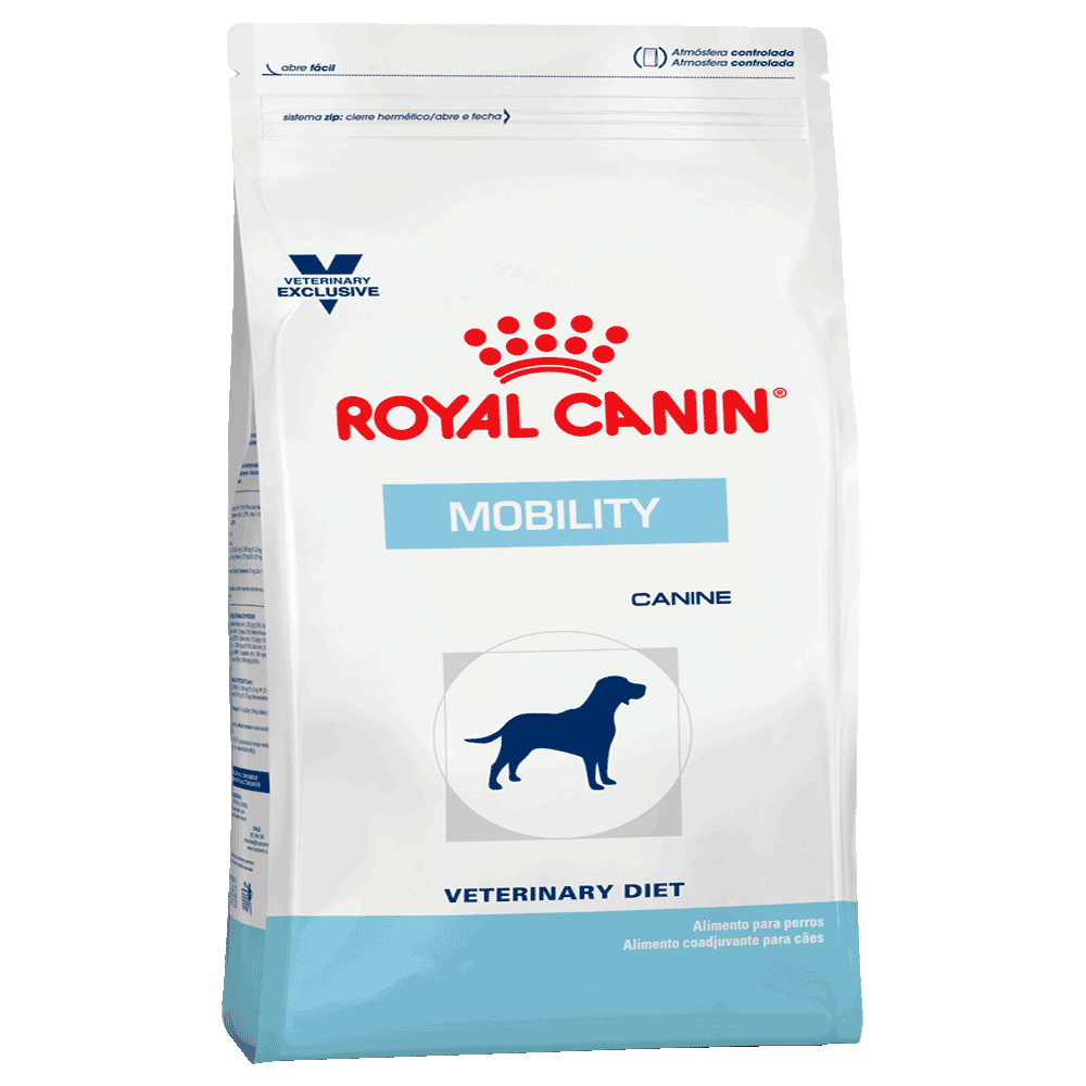 Bolsa blanca con detalles celestes de Royal Canin Mobility Support para perros con problemas de movilidad o sensibilidad en articulaciones