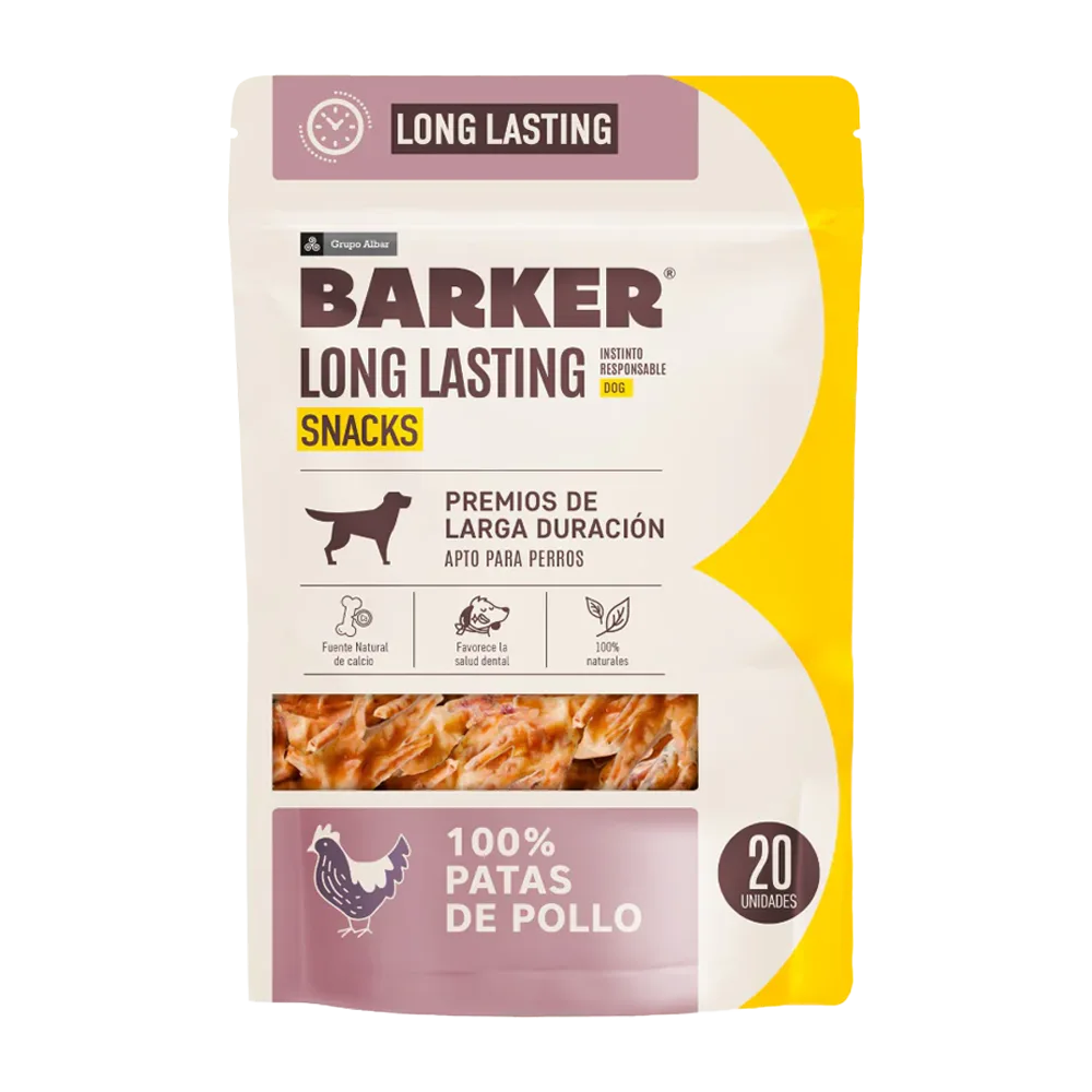Empaque plástico color amarillo con detalles morado pastel, es el snack natural para perros Barker Patas de Pollo
