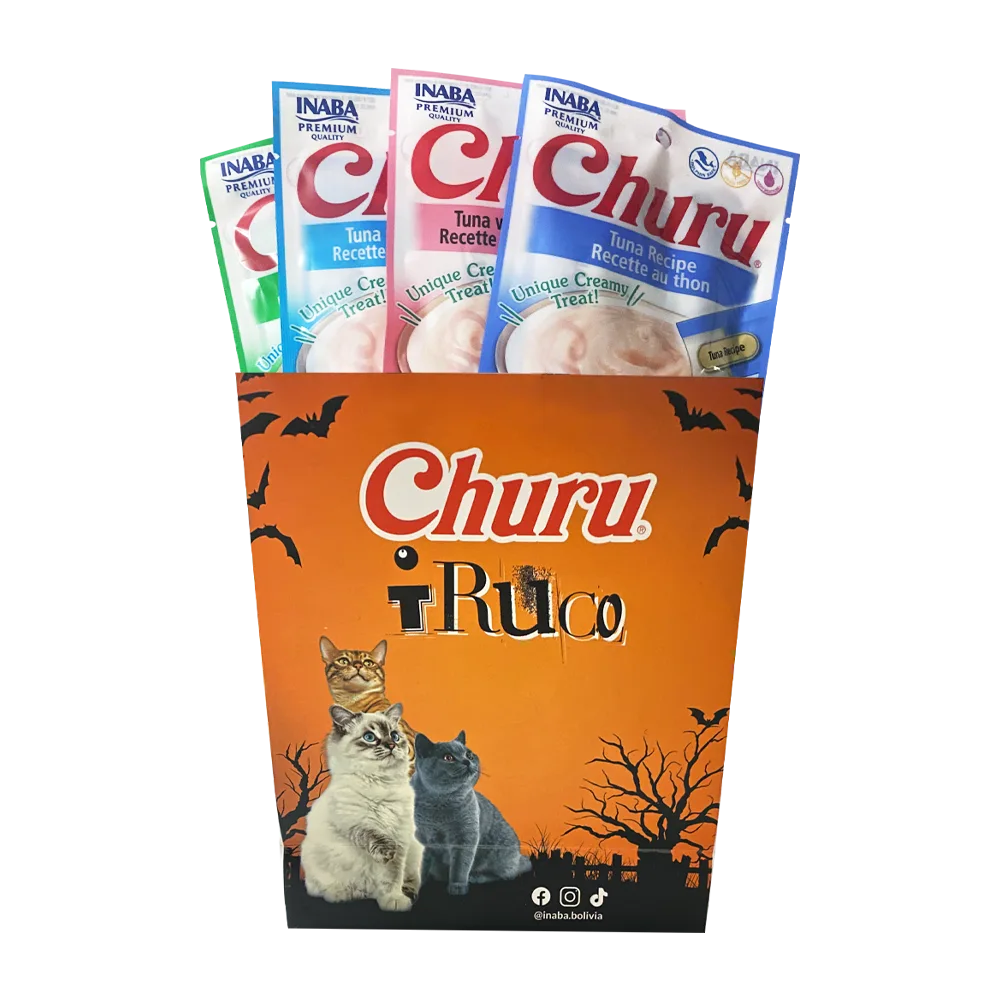 Bolsa de cartón naranja que contiene 4 empaques de Churu, es el producto Churu Bag. La bolsa tiene motivos de Halloween.