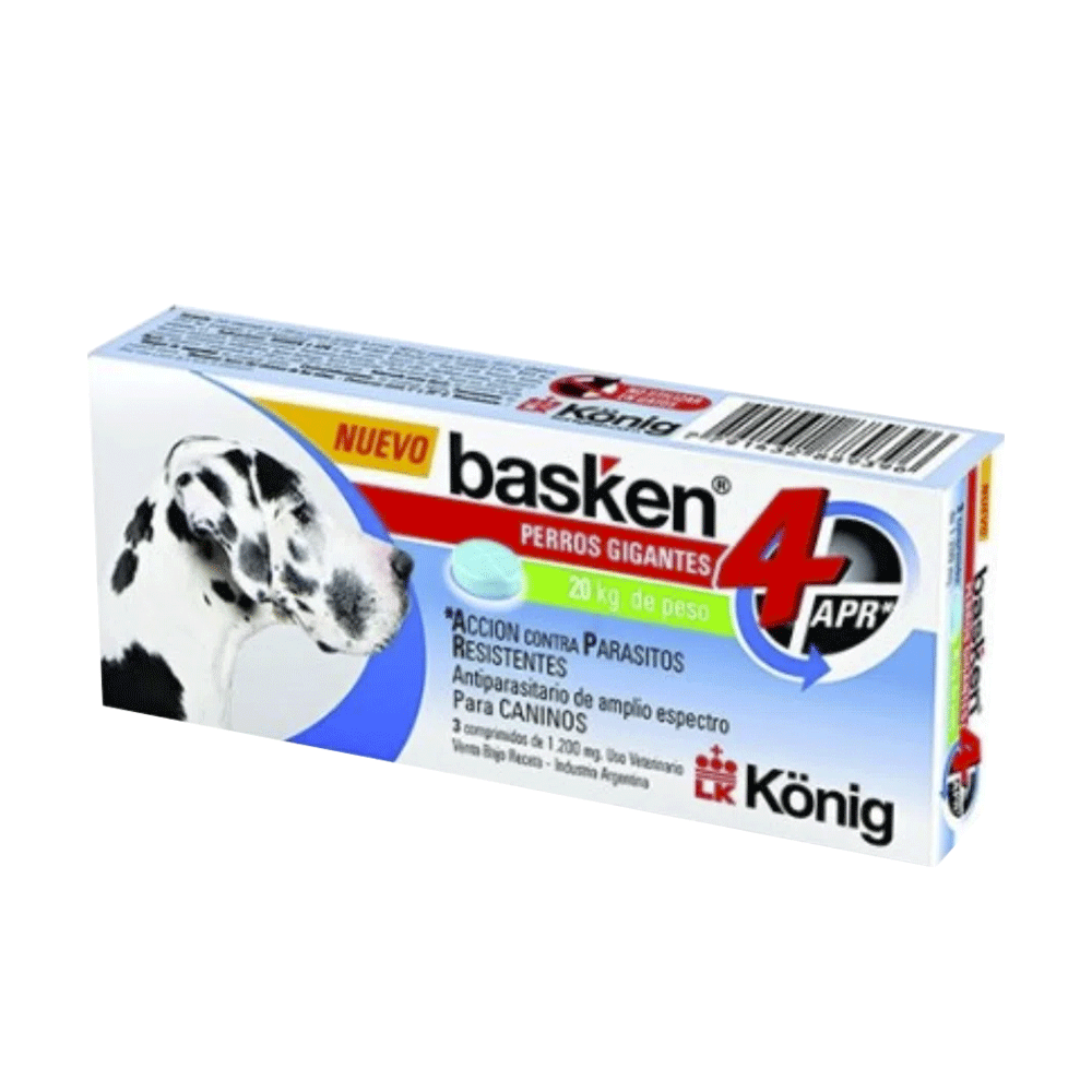 Caja blanca con detalles azules y rojos de Basken 4 APR Perros Gigantes antiparasitario interno